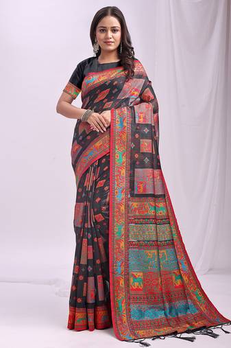 Wevon thread designer black color linen cotton fabric traditional rich looks saree