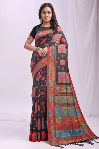 Wevon thread designer black color linen cotton fabric traditional rich looks saree