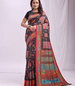 Wevon thread black color linen cotton fabric traditional rich looks saree
