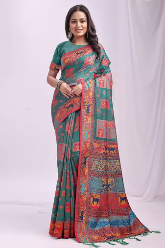 Wevon thread designer rama green color linen cotton fabric traditional rich looks saree