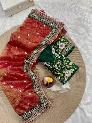 Red art silk crush fabric with Multi thread sequins embroidered work lace border saree with blouse 2