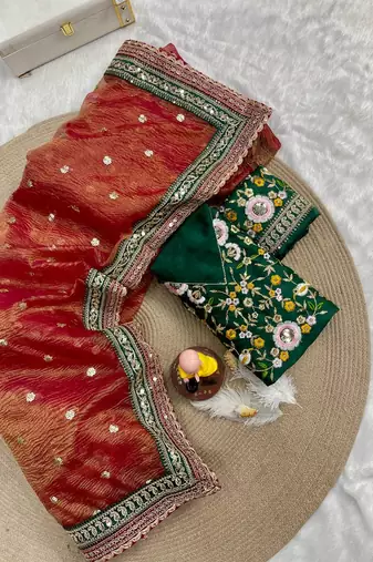 Red art silk crush fabric with Multi thread sequins embroidered work lace border saree with blouse