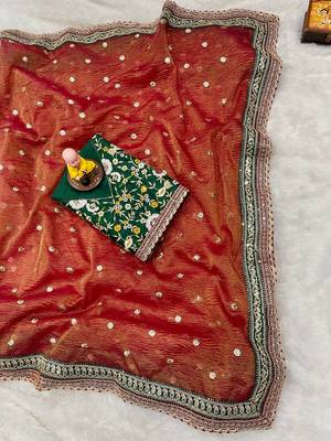 Red art silk crush fabric with Multi thread sequins embroidered work lace border saree with blouse 5