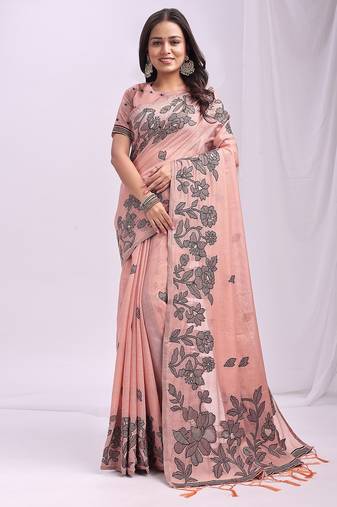 Peach color linen cotton fabric wevon thread designer festive sophisticated saree