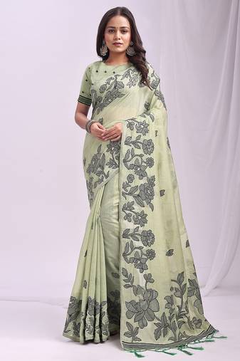 Light green color linen cotton fabric wevon thread designer festive sophisticated saree
