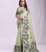 Light green linen cotton embroidered wevon thread festive sophisticated saree