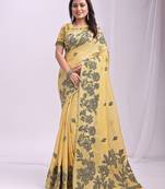 Yellow linen cotton embroidered wevon thread festive sophisticated saree