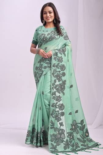 Rama green color linen cotton fabric wevon thread designer festive sophisticated saree