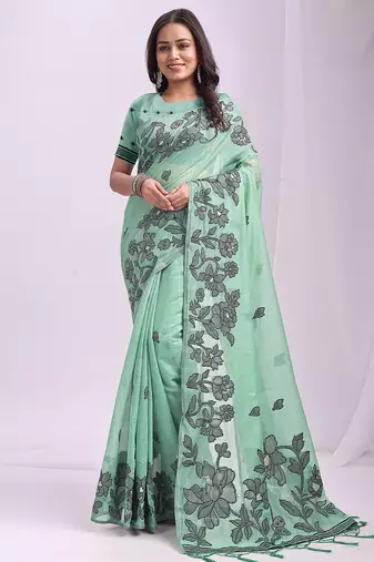Rama green color linen cotton fabric wevon thread designer festive sophisticated saree