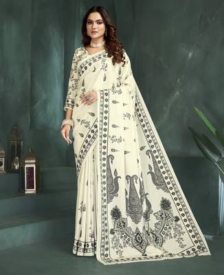 White sophisticated digital foil printed crepe silk blend saree 1