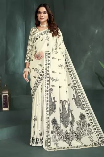 White color sophisticated digital foil printed crepe silk saree
