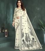 White color sophisticated digital foil printed crepe silk saree