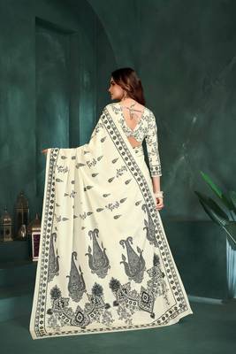 White sophisticated digital foil printed crepe silk blend saree 2