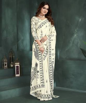White sophisticated digital foil printed crepe silk blend saree 4