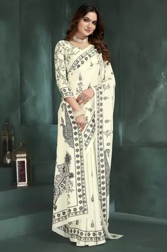White sophisticated digital foil printed crepe silk blend saree