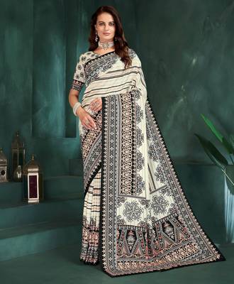 White sophisticated digital foil printed crepe silk blend saree 1