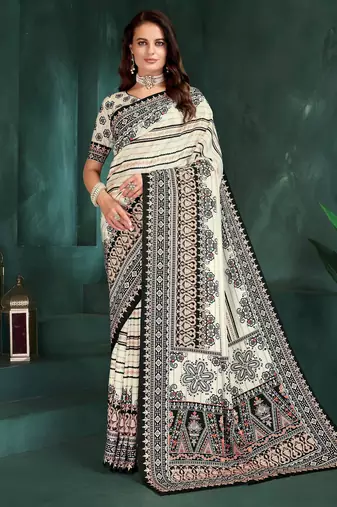 White color sophisticated digital foil printed crepe silk saree