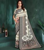 White color sophisticated digital foil printed crepe silk saree
