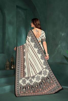 White sophisticated digital foil printed crepe silk blend saree 2