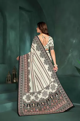 White sophisticated digital foil printed crepe silk blend saree