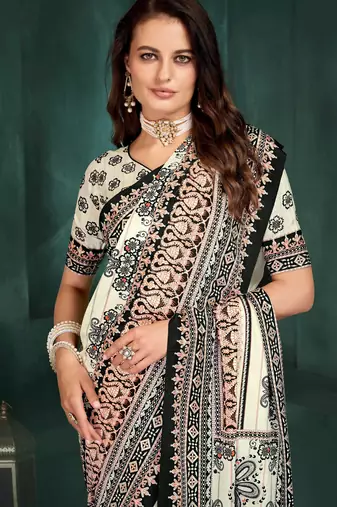 White sophisticated digital foil printed crepe silk blend saree