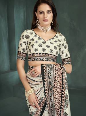 White sophisticated digital foil printed crepe silk blend saree 4