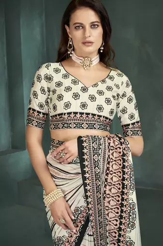 White sophisticated digital foil printed crepe silk blend saree