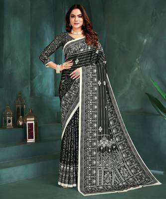 Black sophisticated digital foil printed crepe silk blend saree 1