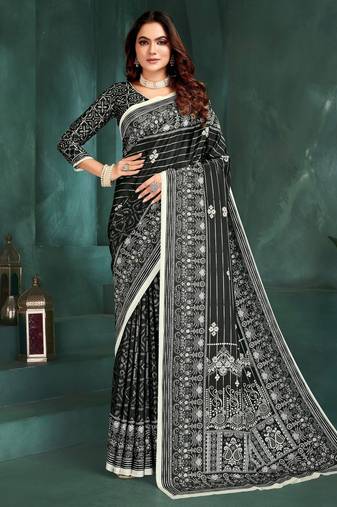 Black color sophisticated digital foil printed crepe silk saree