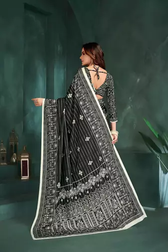 Black sophisticated digital foil printed crepe silk blend saree