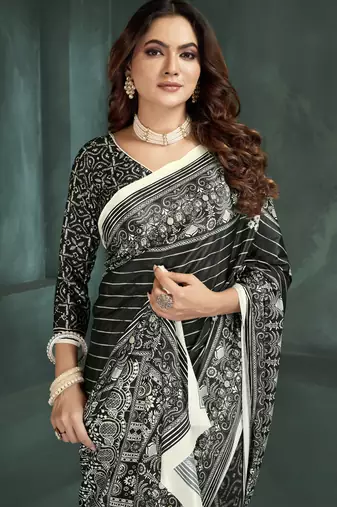 Black sophisticated digital foil printed crepe silk blend saree