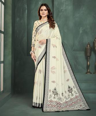 White sophisticated digital foil printed crepe silk blend saree 1
