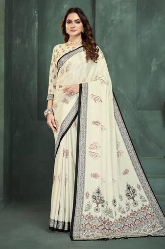 White color sophisticated digital foil printed crepe silk saree