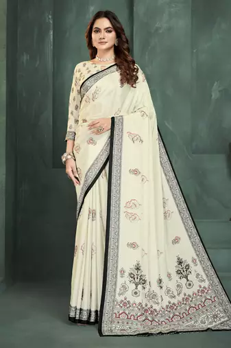 White color sophisticated digital foil printed crepe silk saree