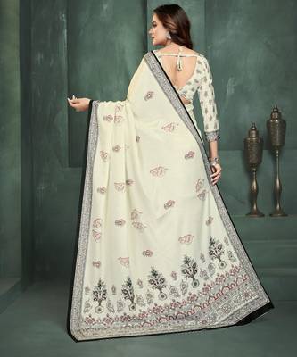 White sophisticated digital foil printed crepe silk blend saree 2