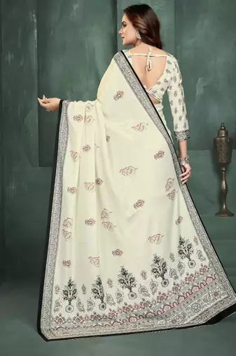 White sophisticated digital foil printed crepe silk blend saree