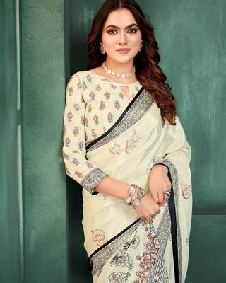 White sophisticated digital foil printed crepe silk blend saree 3