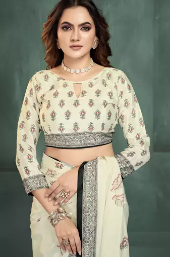 White sophisticated digital foil printed crepe silk blend saree