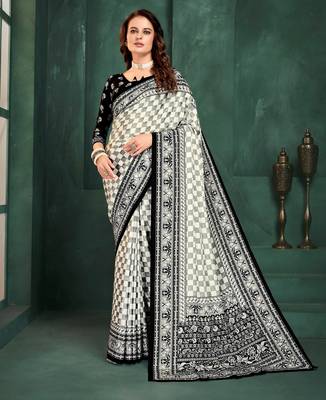 White sophisticated digital foil printed crepe silk blend saree 1