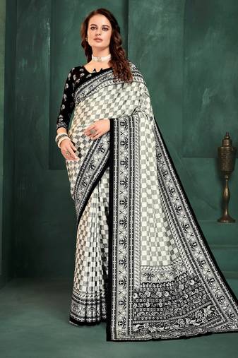 White color sophisticated digital foil printed crepe silk saree