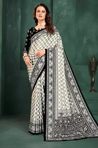 White color sophisticated digital foil printed crepe silk saree