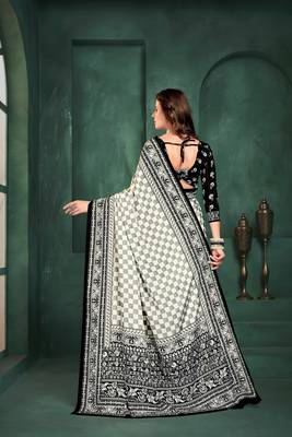 White sophisticated digital foil printed crepe silk blend saree 2