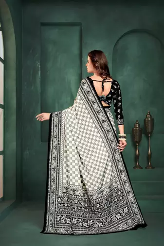 White sophisticated digital foil printed crepe silk blend saree