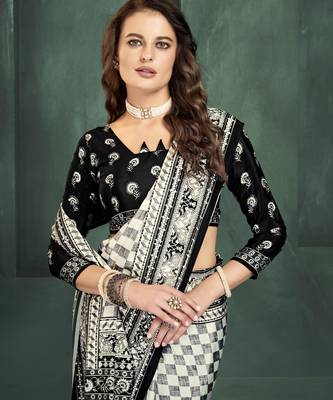 White sophisticated digital foil printed crepe silk blend saree 3