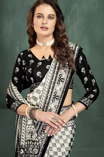 White sophisticated digital foil printed crepe silk blend saree