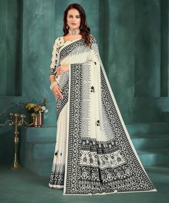 White sophisticated digital foil printed crepe silk blend saree 1