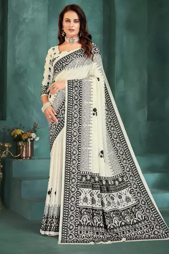 White color sophisticated digital foil printed crepe silk saree