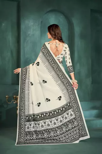 White sophisticated digital foil printed crepe silk blend saree