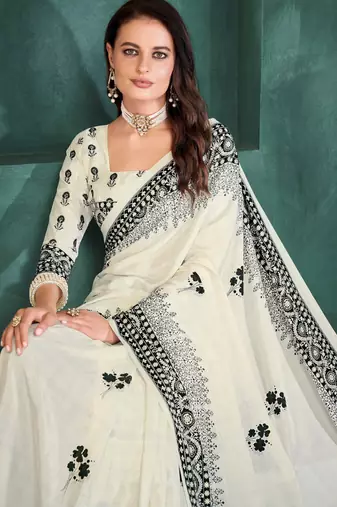 White sophisticated digital foil printed crepe silk blend saree