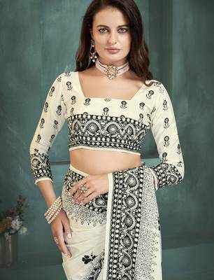 White sophisticated digital foil printed crepe silk blend saree 4